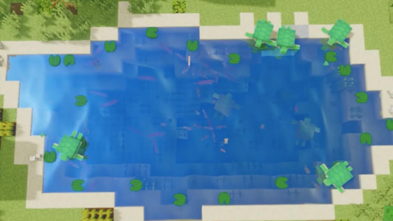A lake with turtles in Minecraft using a shader pack