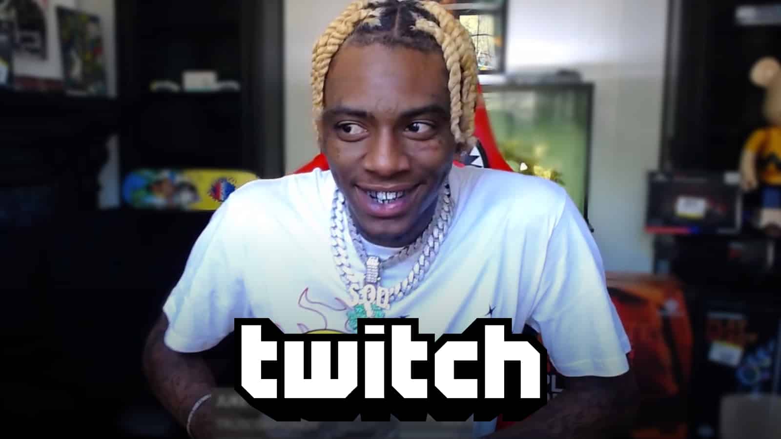 Soulja Boy smiling on his Twitch stream above platform logo.