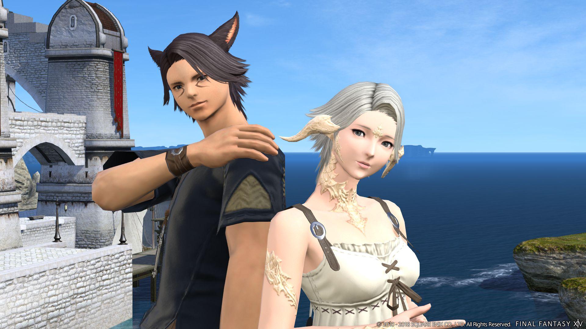 final fantasy xiv online boy with black hair and cat ears stands next to a girl in white with silver hair