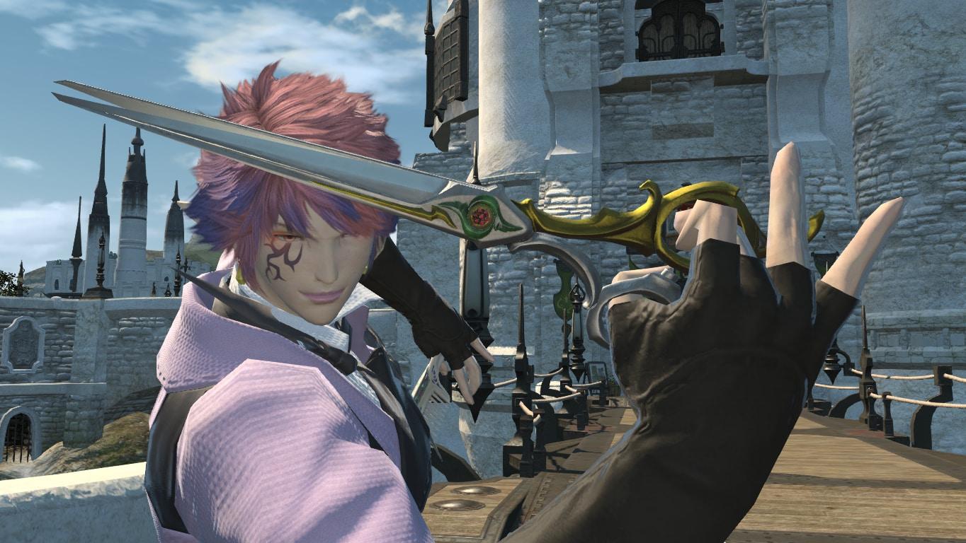 FFXIV man holds hair cutting scissors up to camera