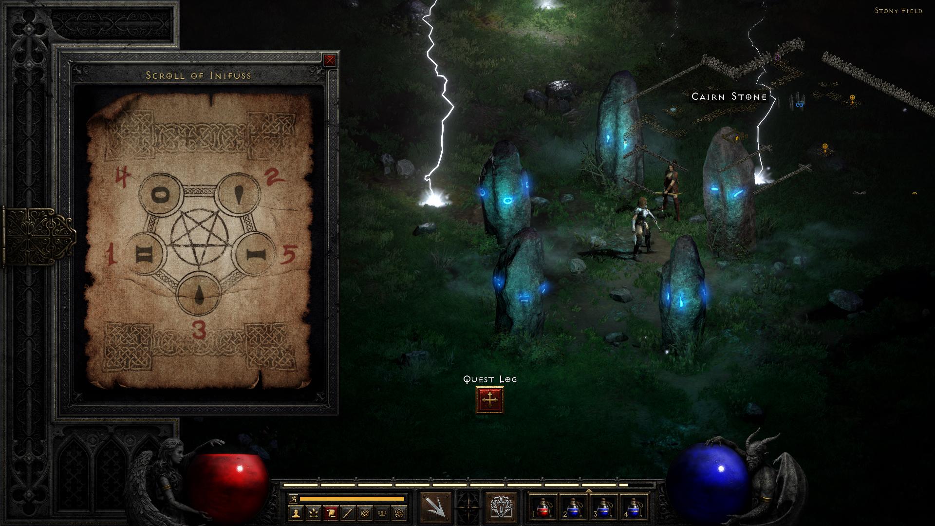 Diablo 2 Resurrected Cairn stones operating with scroll