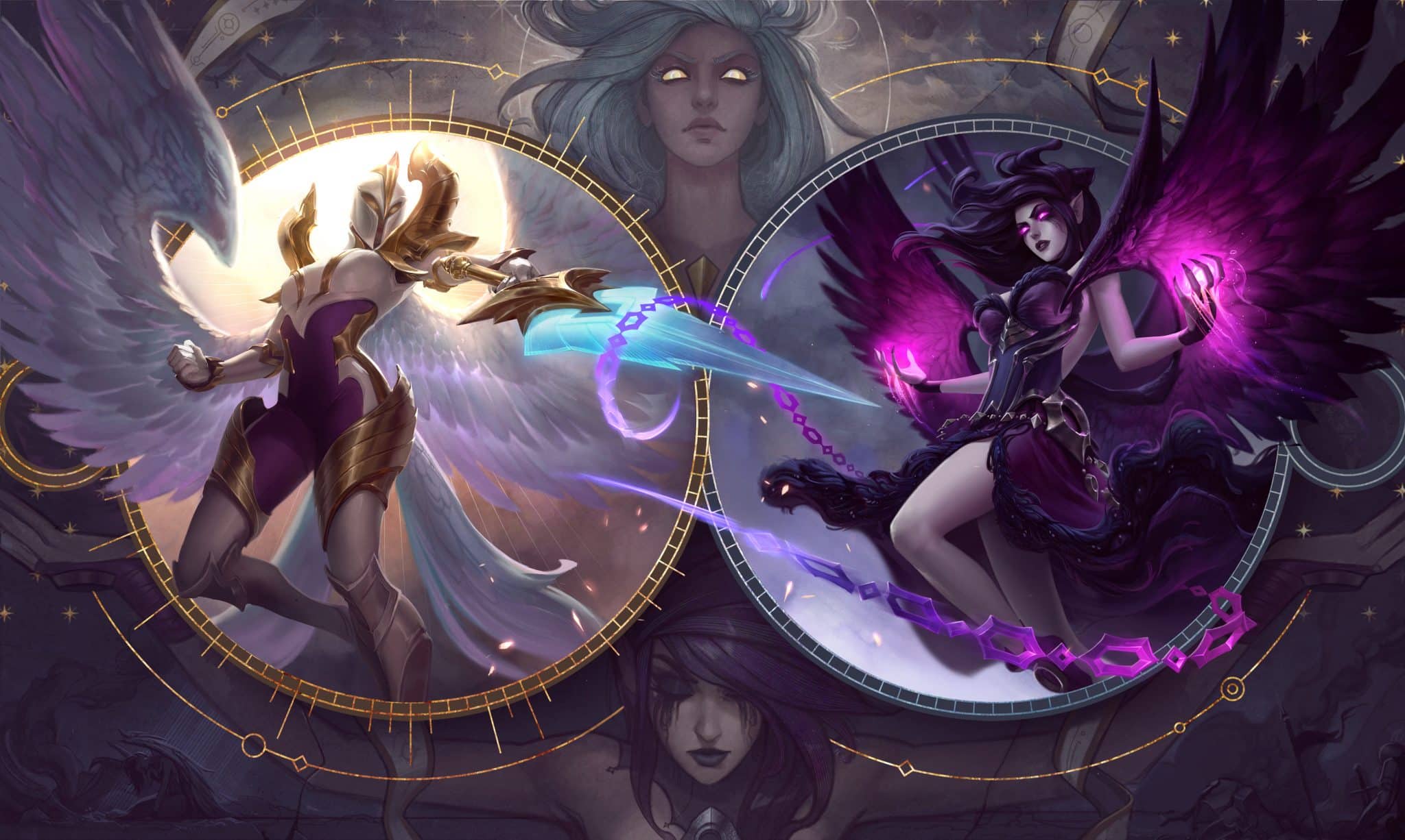 Morgana and Kayle fighting in League of Legends art