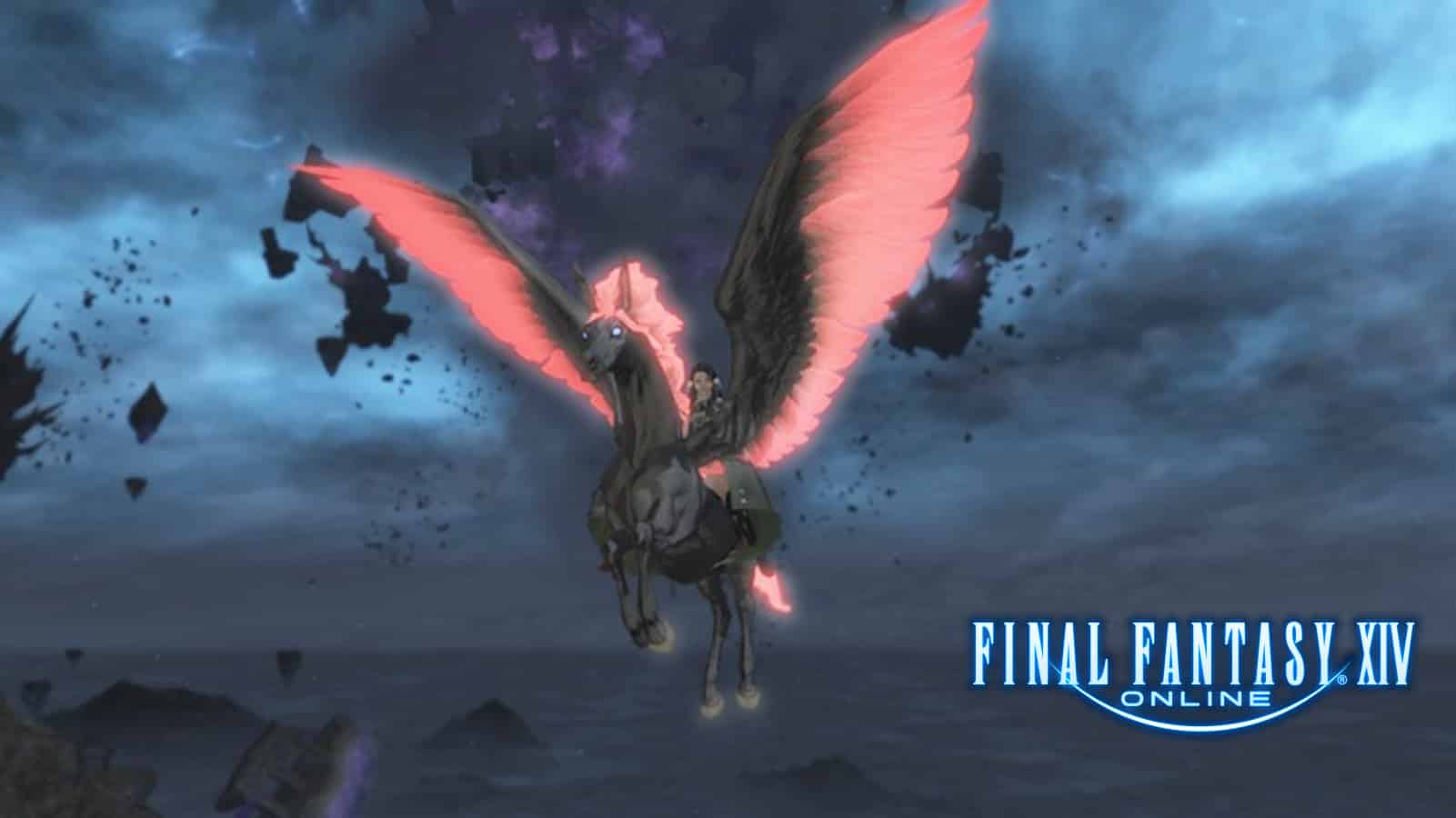 FFXIV Black Pegasus mount flying through stormy sky