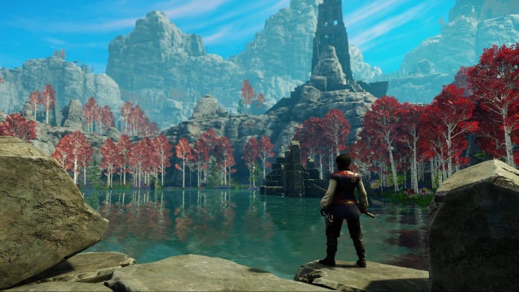 New World Character Monument Trees Lake Adventuring