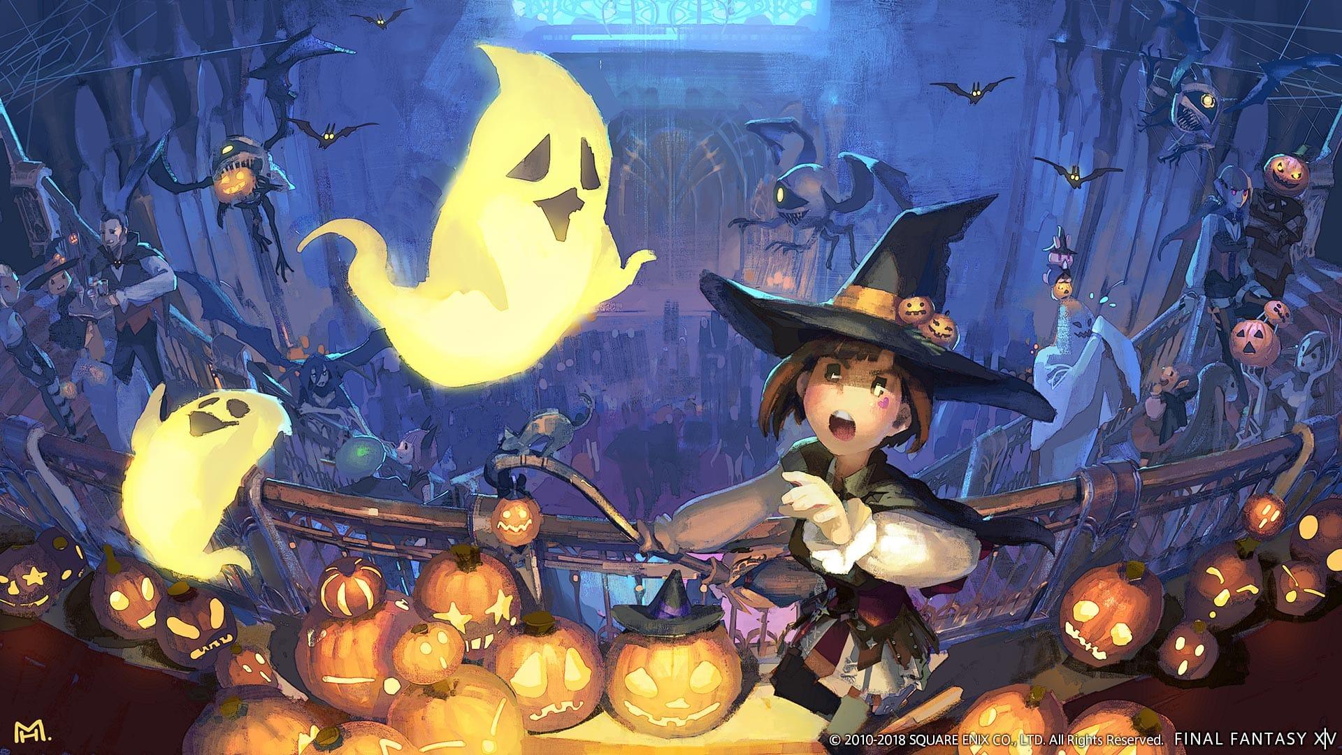 ffxiv all saints wake halloween event witch girl sits amid pumpkins with a ghost