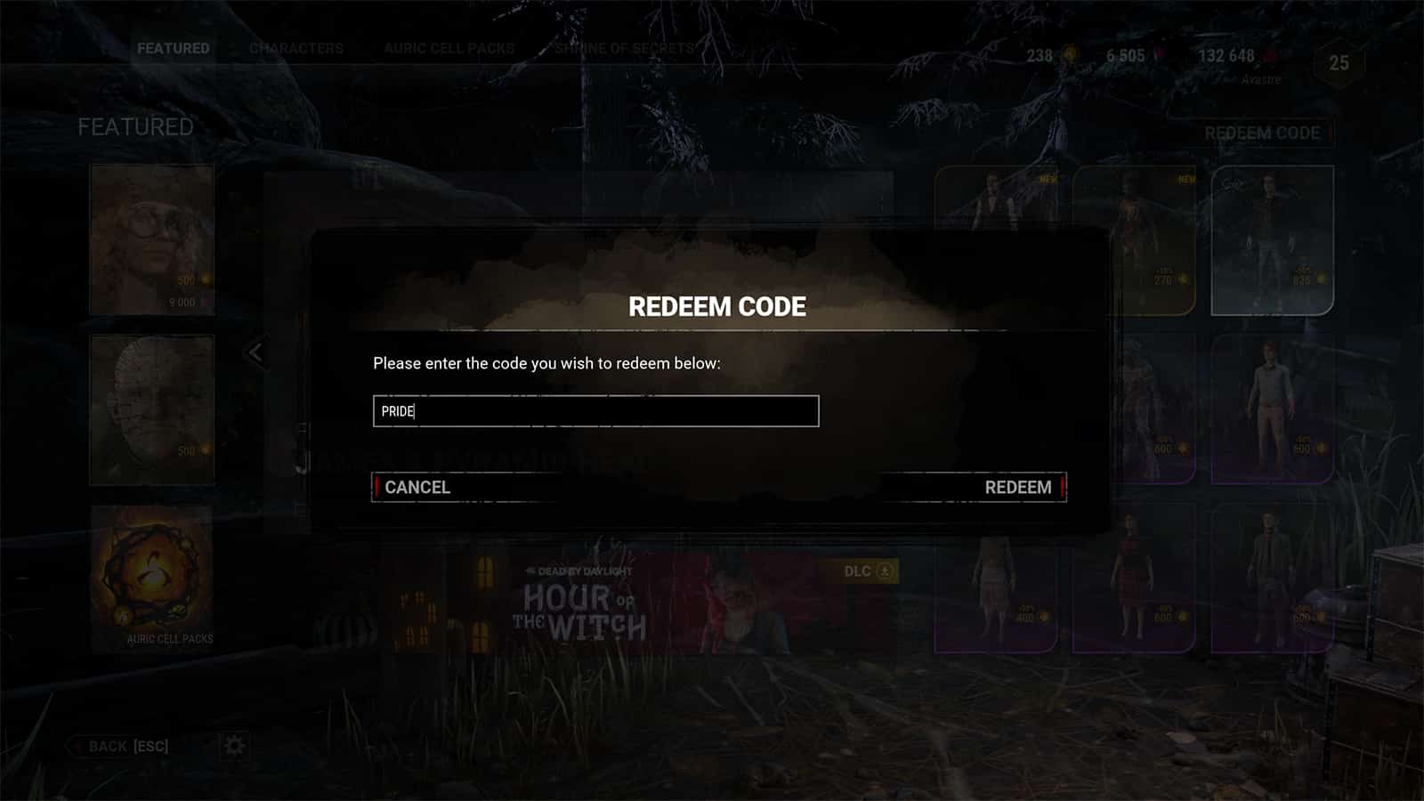 A screenshot showing the redeem code UI in Dead By Daylight