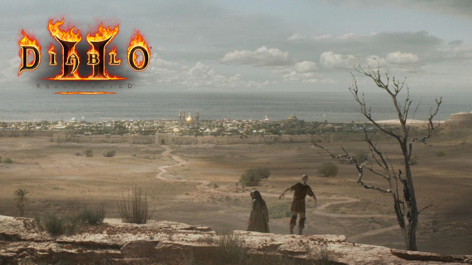 Diablo 2 Resurrected dark wander and marius look out on desert city of Lut Gholein