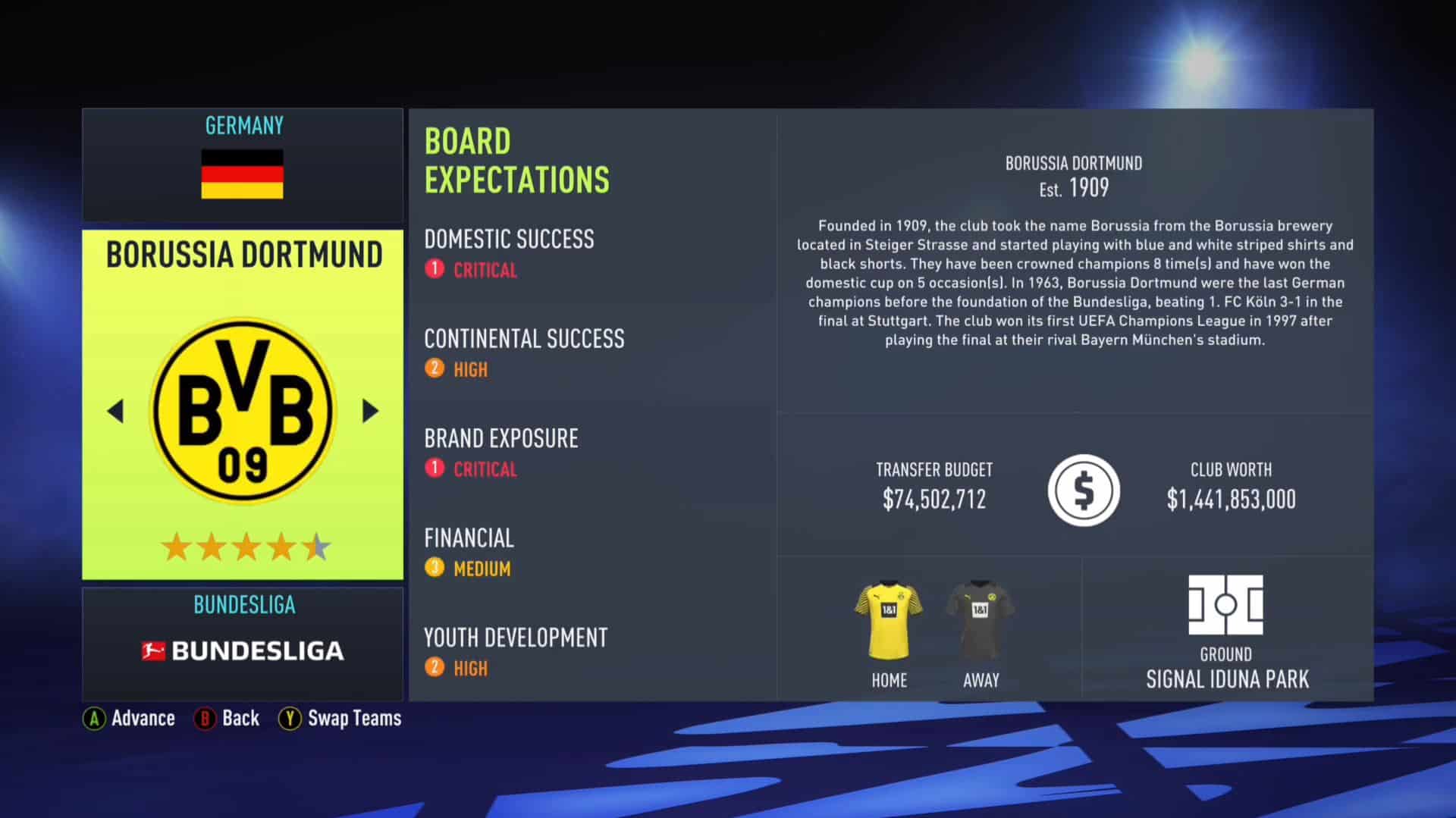Borussia Dortmund FIFA 22 Career Mode