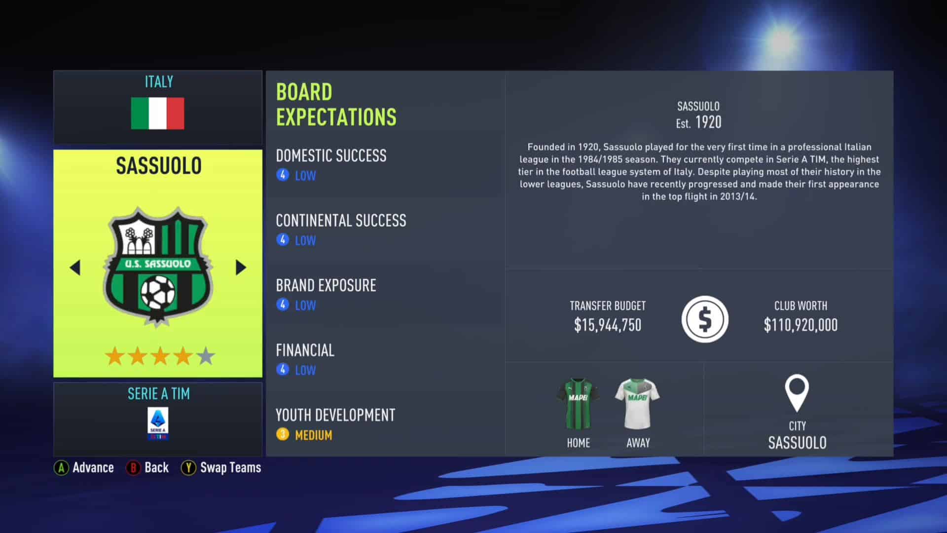 Sassuolo FIFA 22 Career Mode