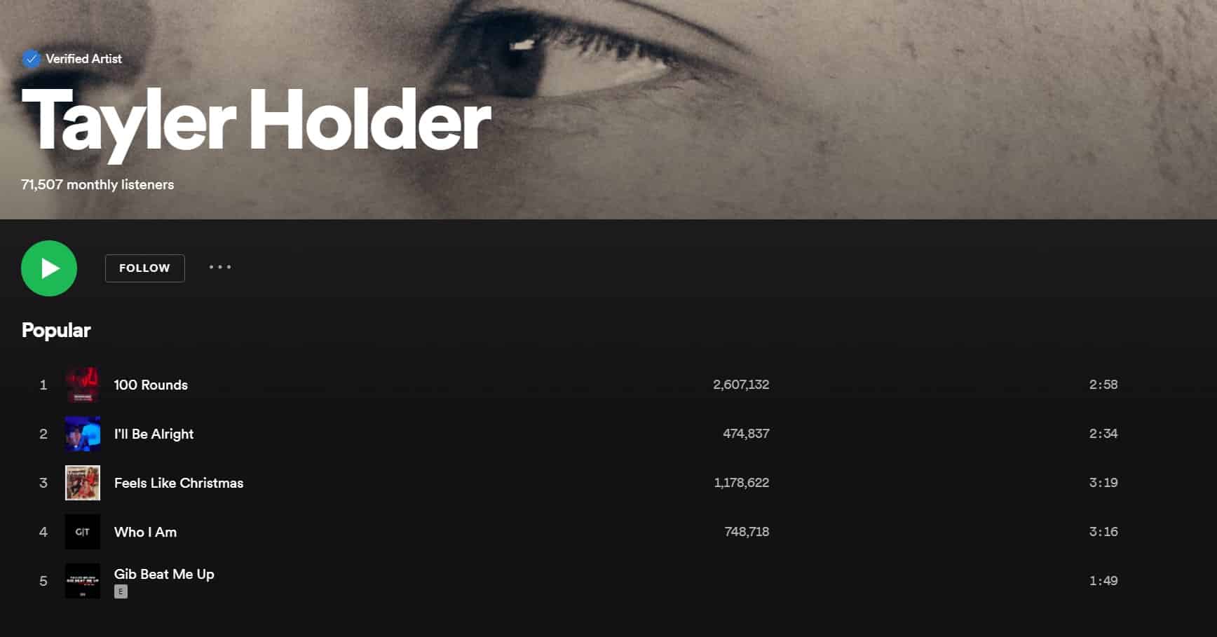 Tayler Holder Spotify page with Gib Beat Me Up track listing