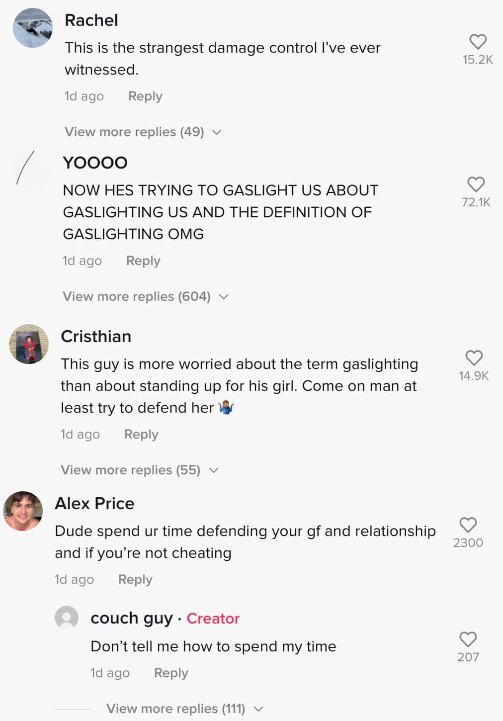 Viewers comment on a TikTok made by Couch Guy