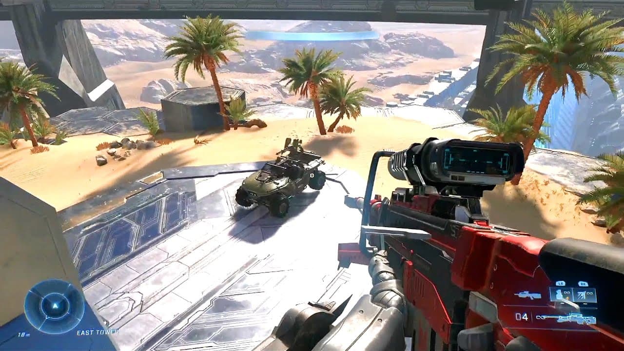 A player attacking in Halo Infinite's Behemoth map.