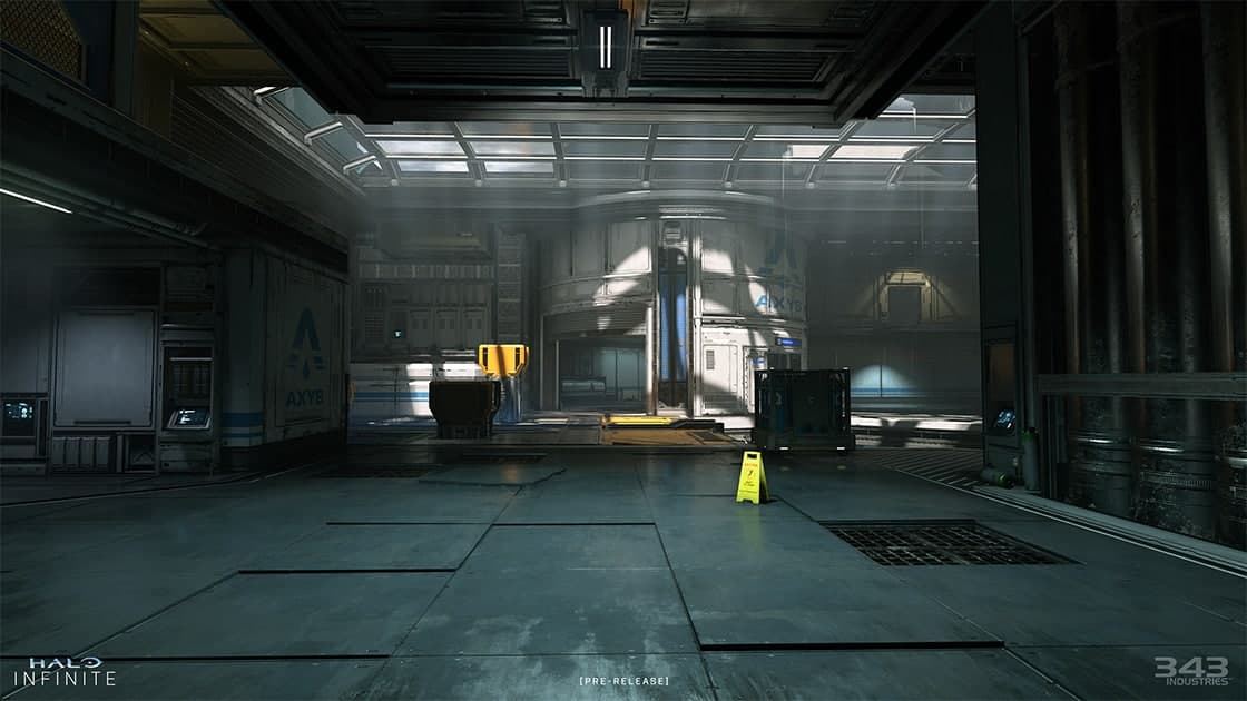 A screenshot of Halo Infinite's Live Fire map indoors