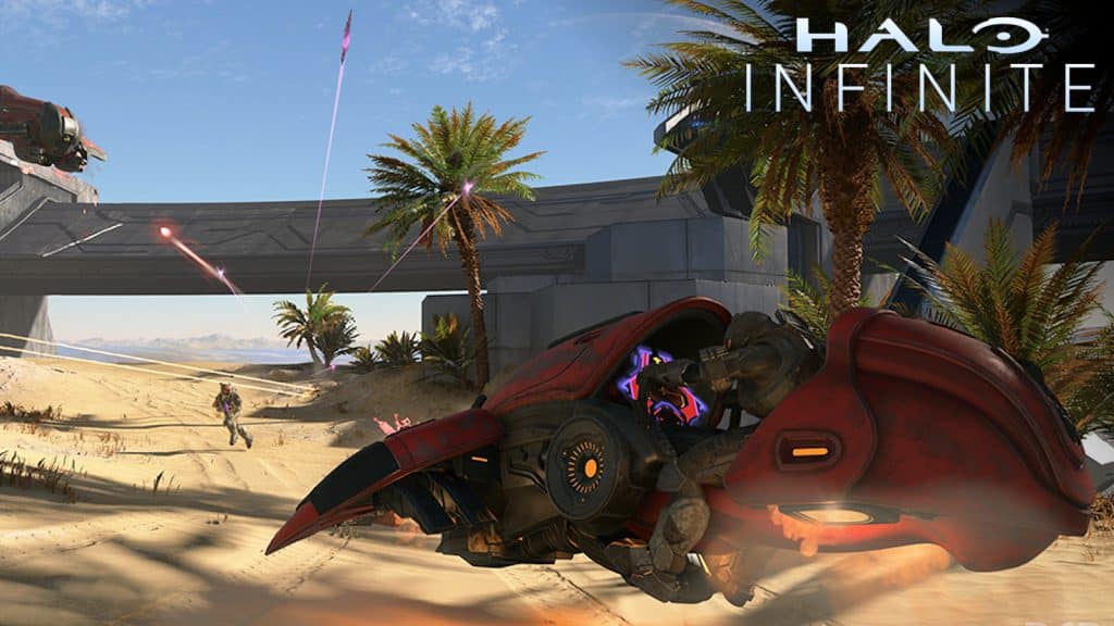A screenshot from Halo Infinite showing a vehicle in the desert