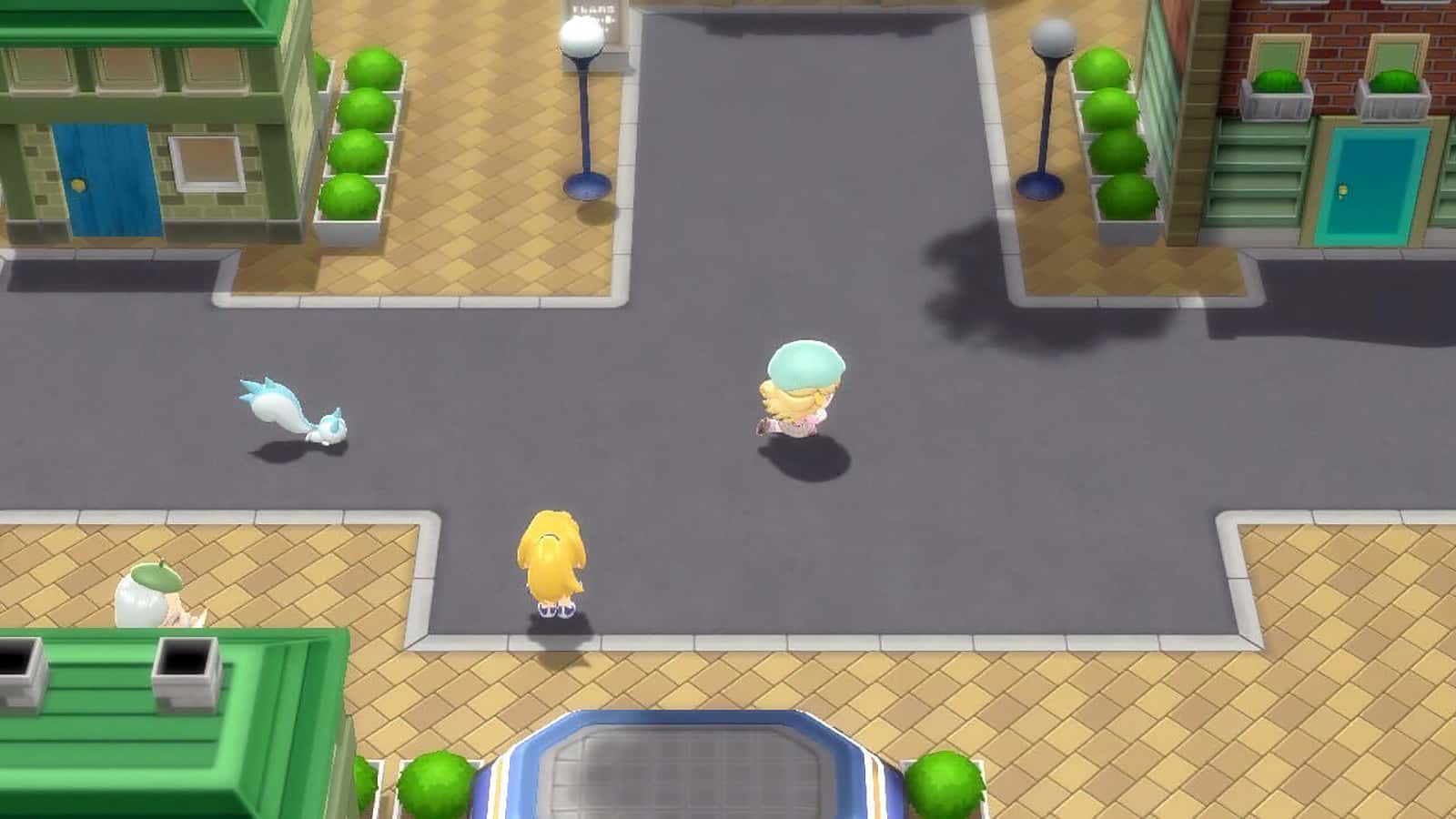 An image of Pachirisu and a Trainer running in Hearthome City in Pokemon Brilliant Diamond