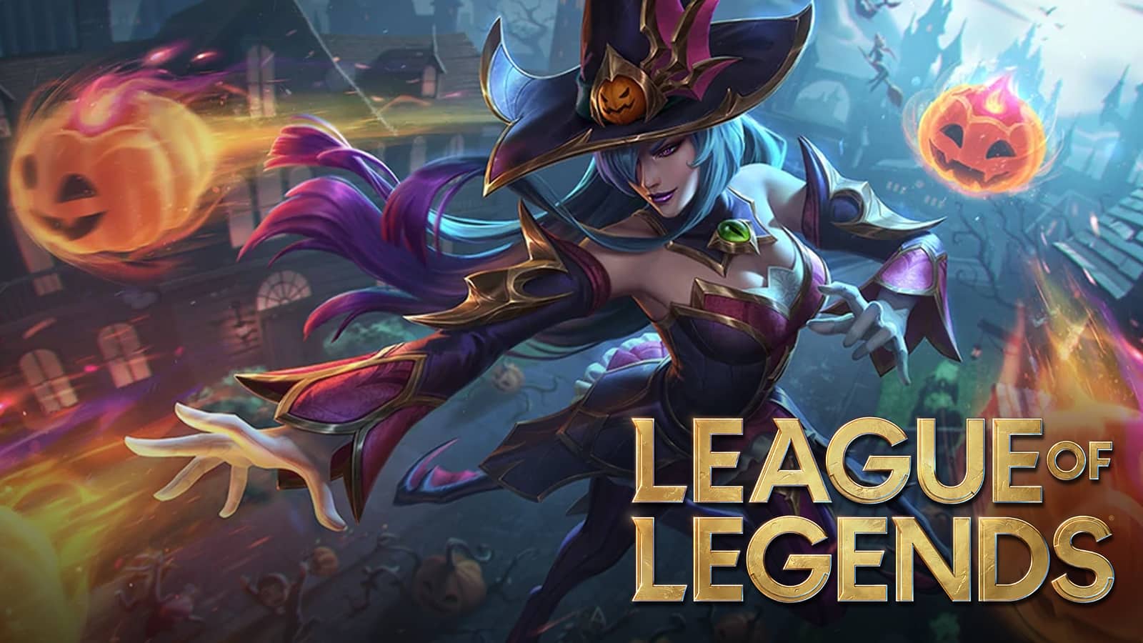 Syndra casts a Halloween Dark Sphere over the League of Legends logo.
