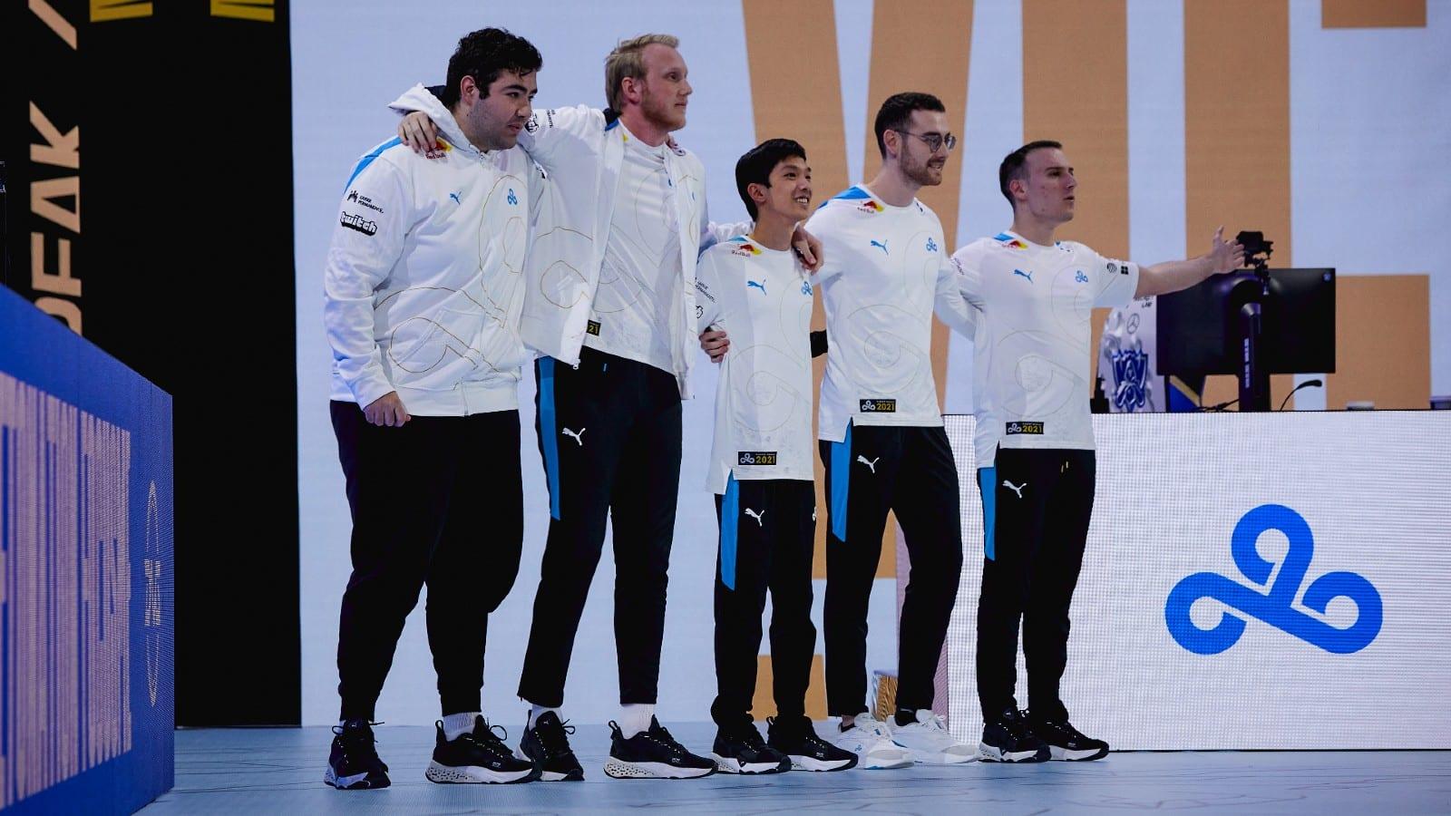Cloud9 celebrate a win on Day One of Worlds