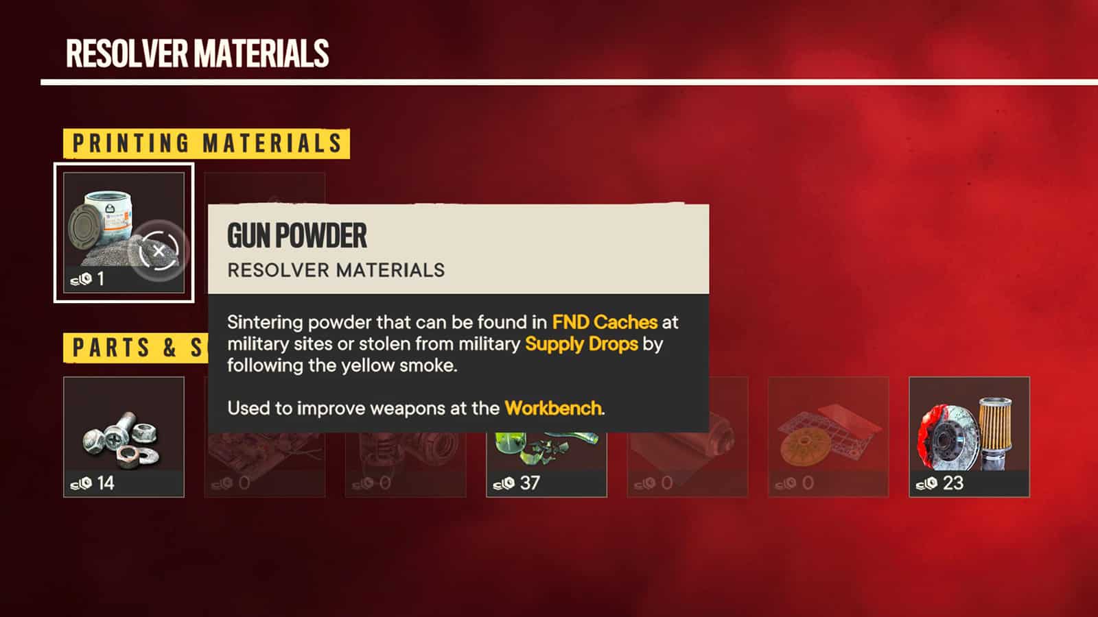 Gunpowder in the Materials menu in Far Cry 6