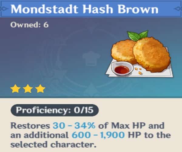 Monstadt Hash Brown restores 20% of Max Player HP, 600-1900 additional HP