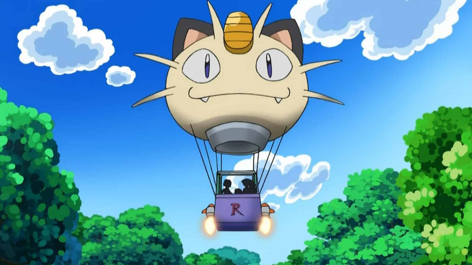 Team Rocket Meowth Balloon in Sky from Pokemon anime screenshot
