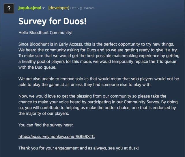 Fan survey for the addition of a duos playlist to to Bloodhunt