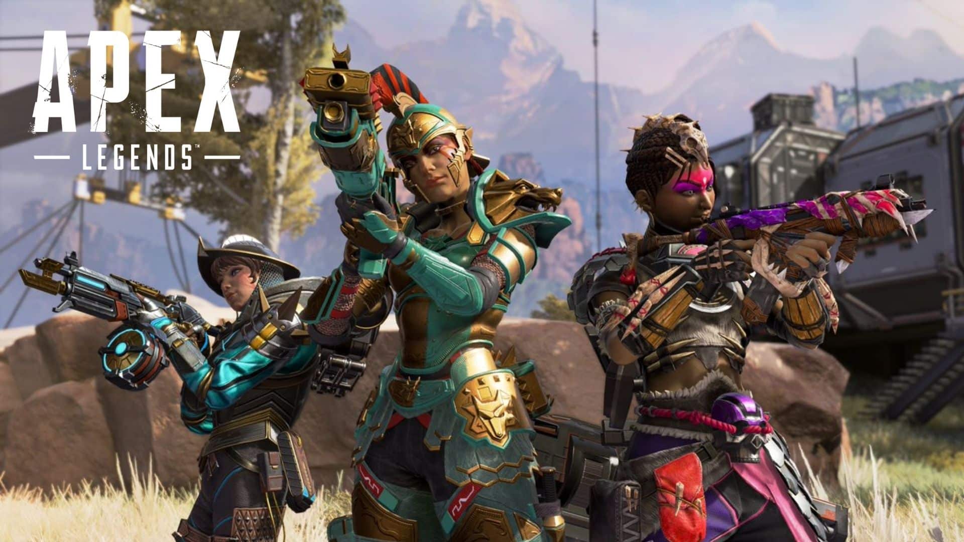 Apex Legends trio of chartacter pointing weapons outwards