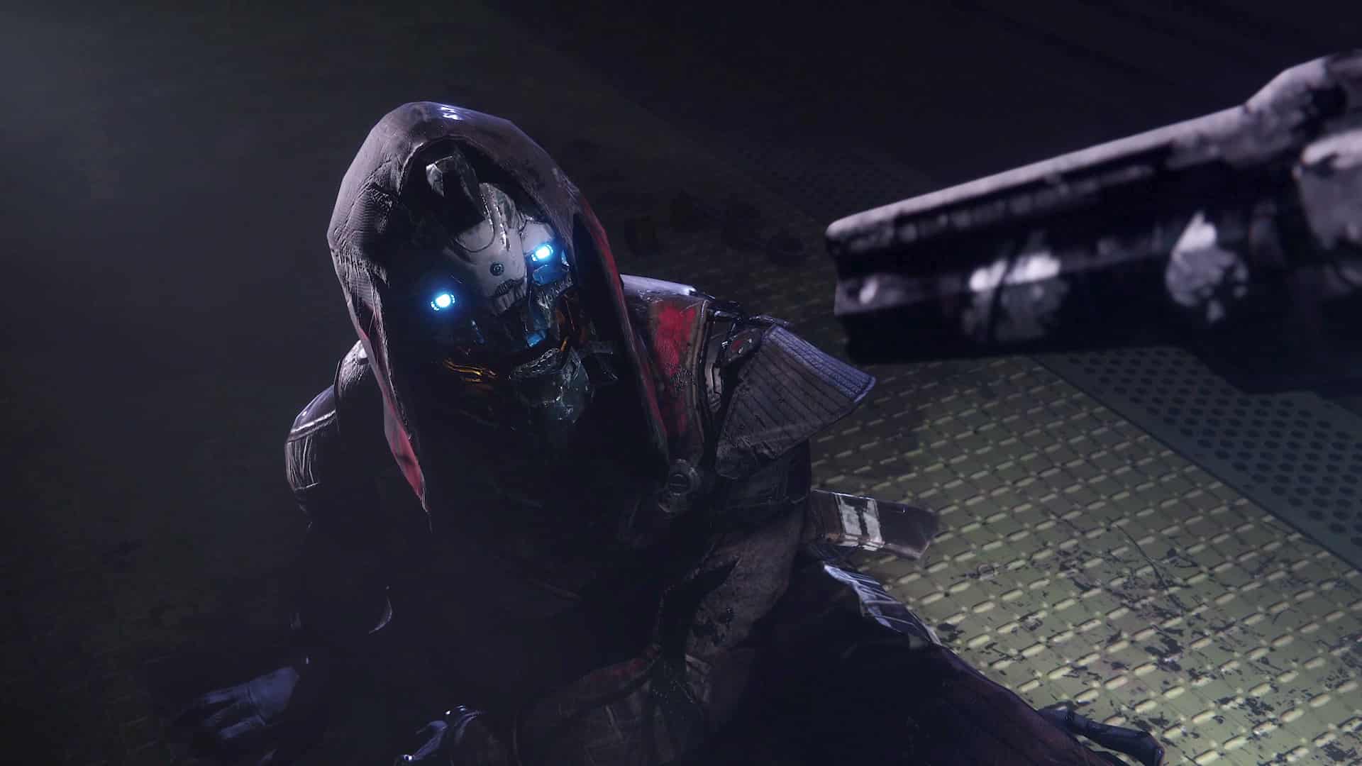Destiny 2 Forsaken screenshot showing Cayde-6 staring down a gun