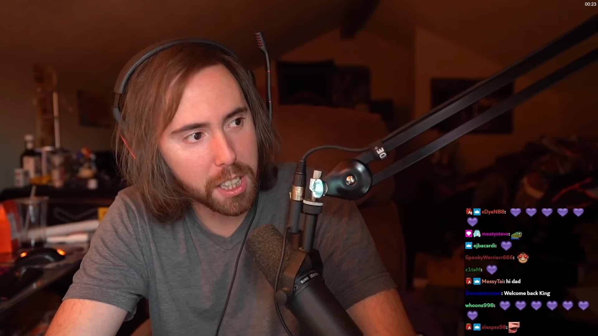 Asmongold looks off to side on Twitch stream.