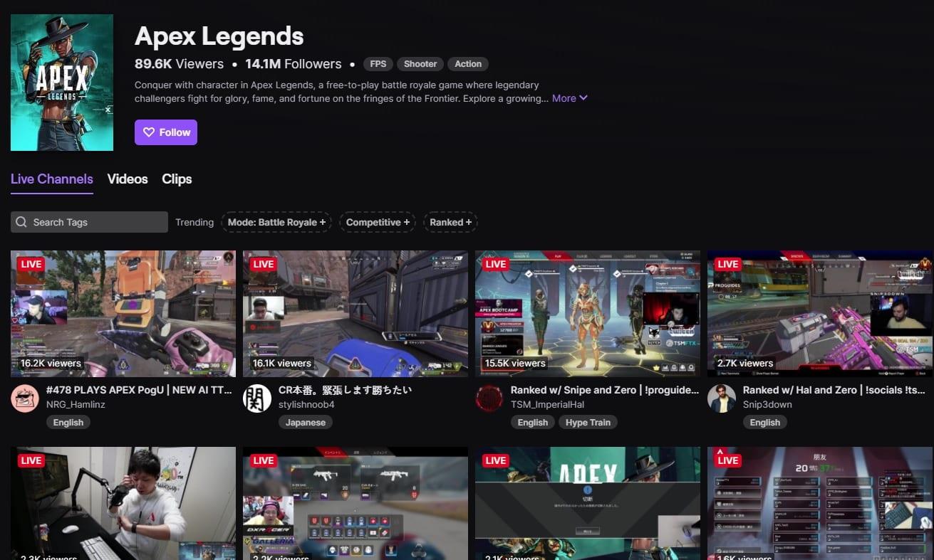 Apex Legends streaming category on Twitch.