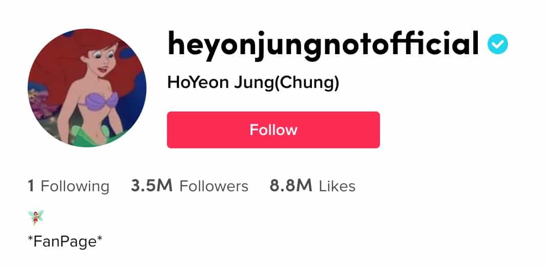Profile page of unofficial HoYeon Jung account on TikTok