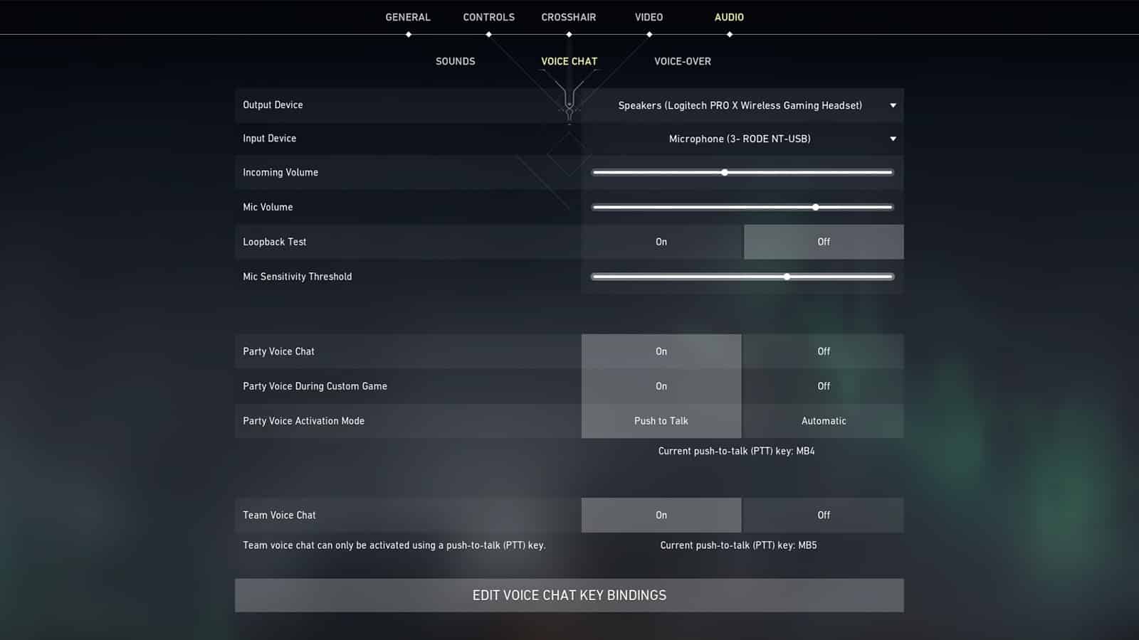 The voice chat audio settings screen in Valorant