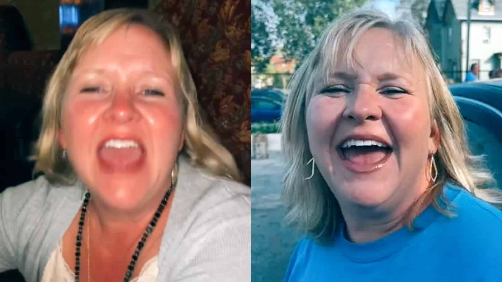 Pictures of one of the viral lip syncing TikTok moms one year apart