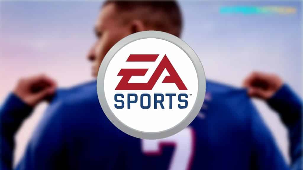 EA SPORTS logo with blurred background of FIFA 22 cover star Kylian Mbappe