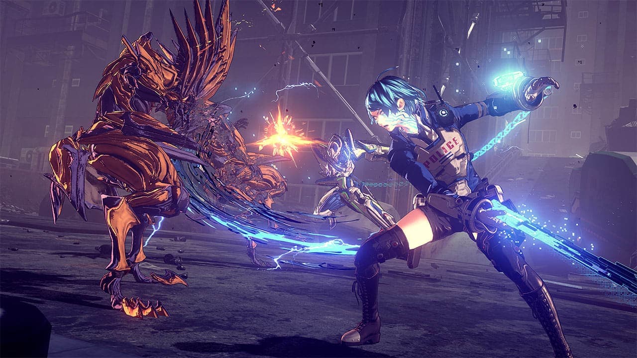 Astral Chain screenshot showing a character and their Chimera fighting an enemy