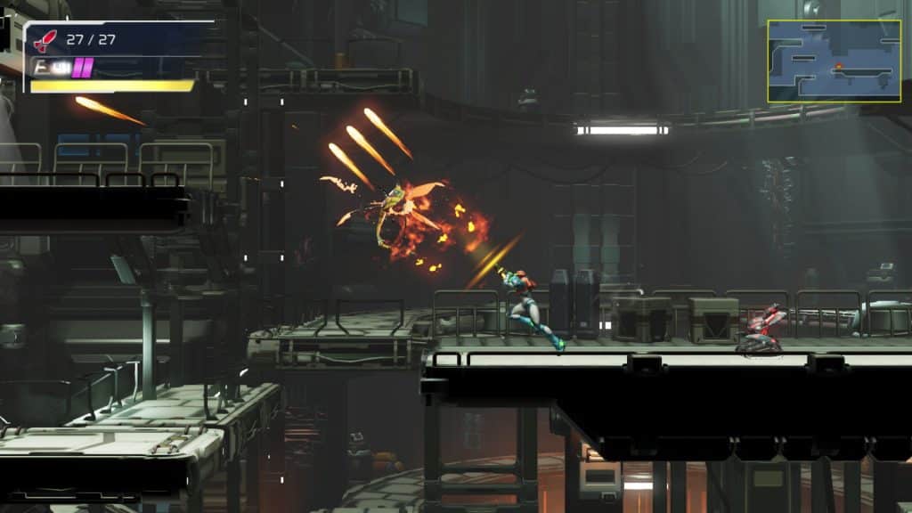 Metroid Dread screenshot showing Samus firing at an enemy
