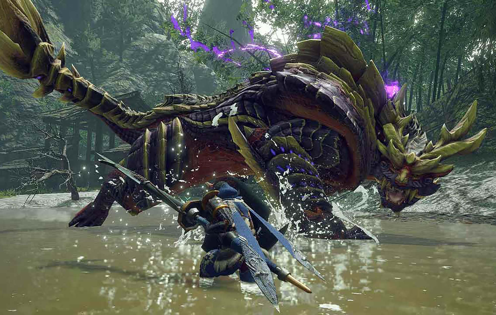 Monster Hunter rise screenshot showing a monster and player meeting in a river