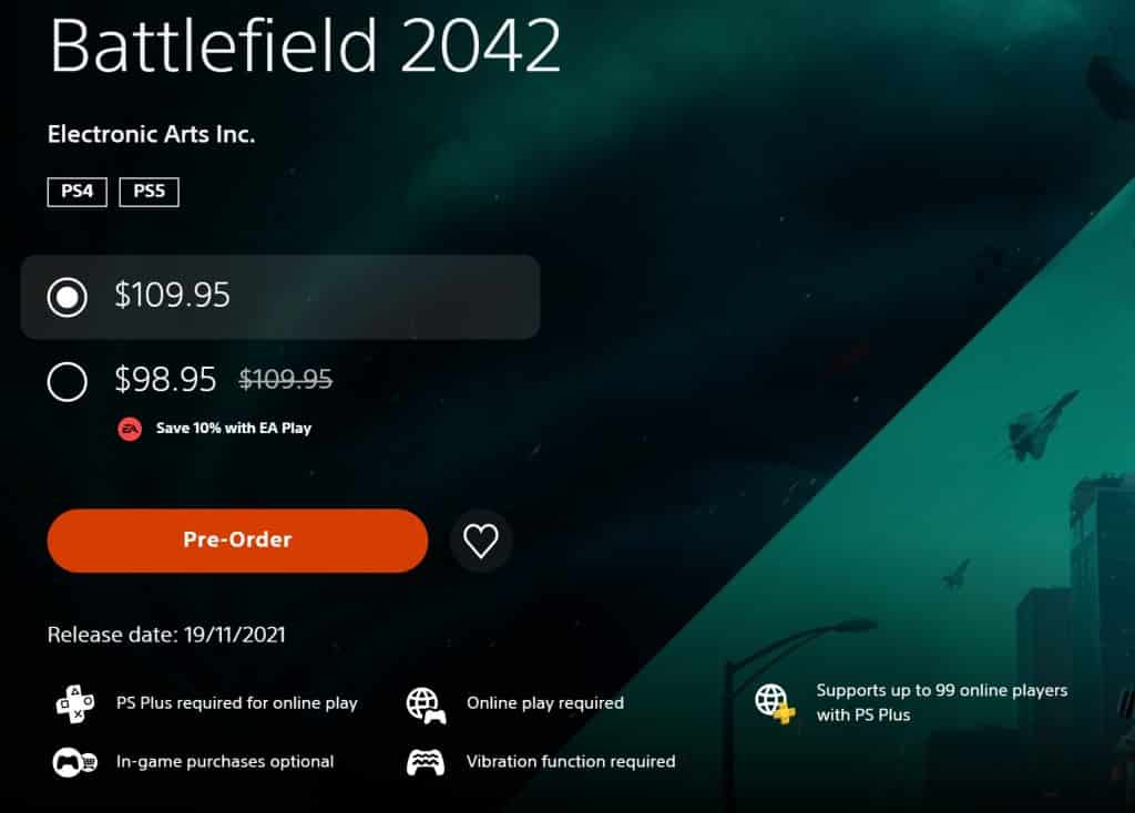 Battlefield 2042 Sony store listing
