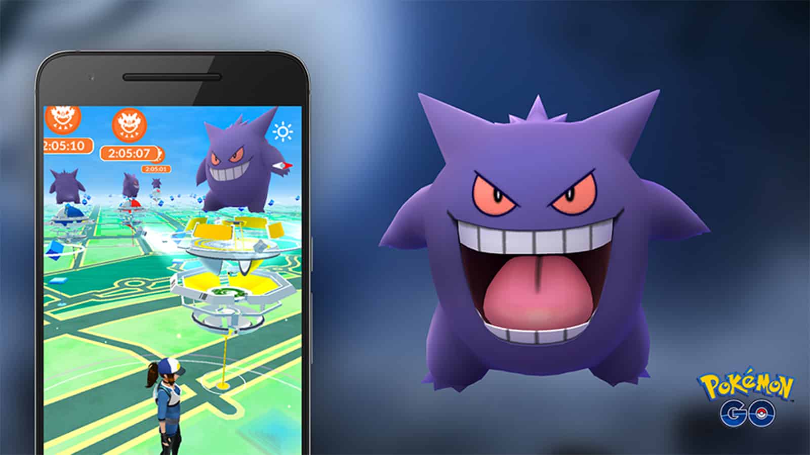 Gengar next to a mobile phone with Pokemon GO on it