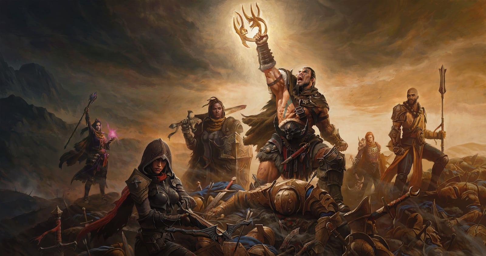 Diablo Immortal classes standing on top of dead demons and barbarian raises his weapon