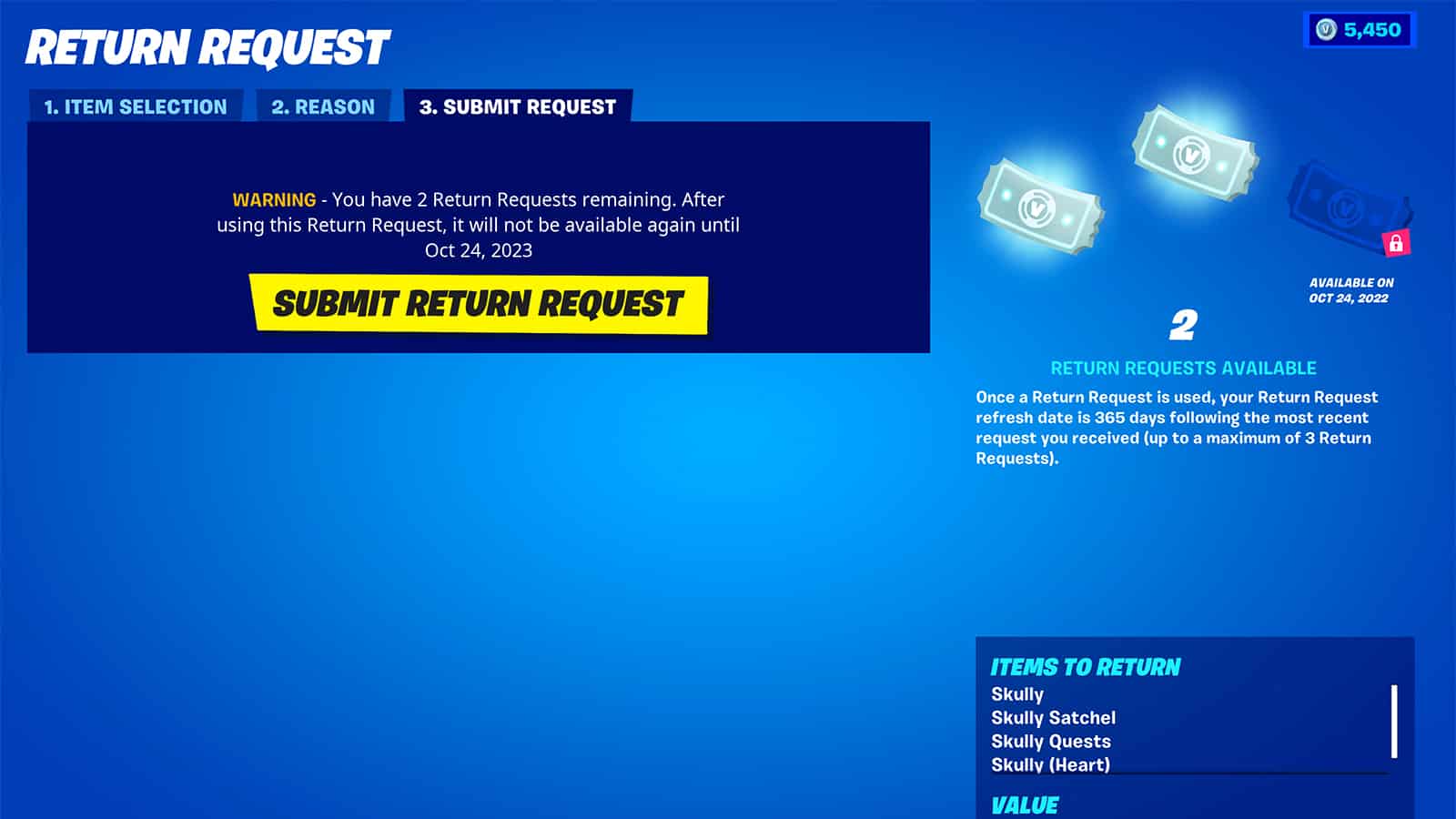 The Return Request screen in Fortnite