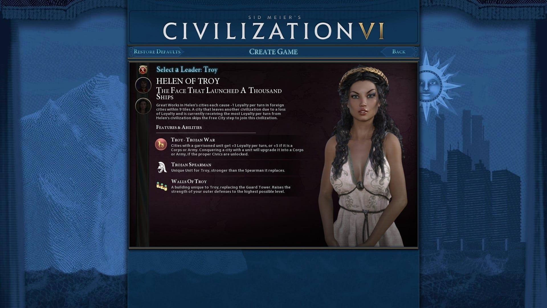 Helen of Troy in the Civilzation 6 mod Anno Domini.