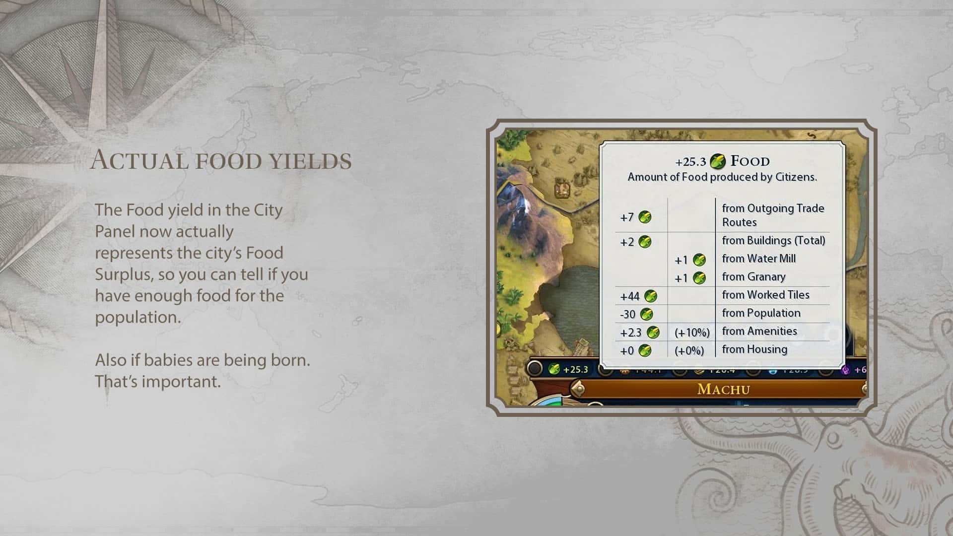 The Food Yield menu from Simple UI Adjustments showing the improvements from Civ 6's original menu