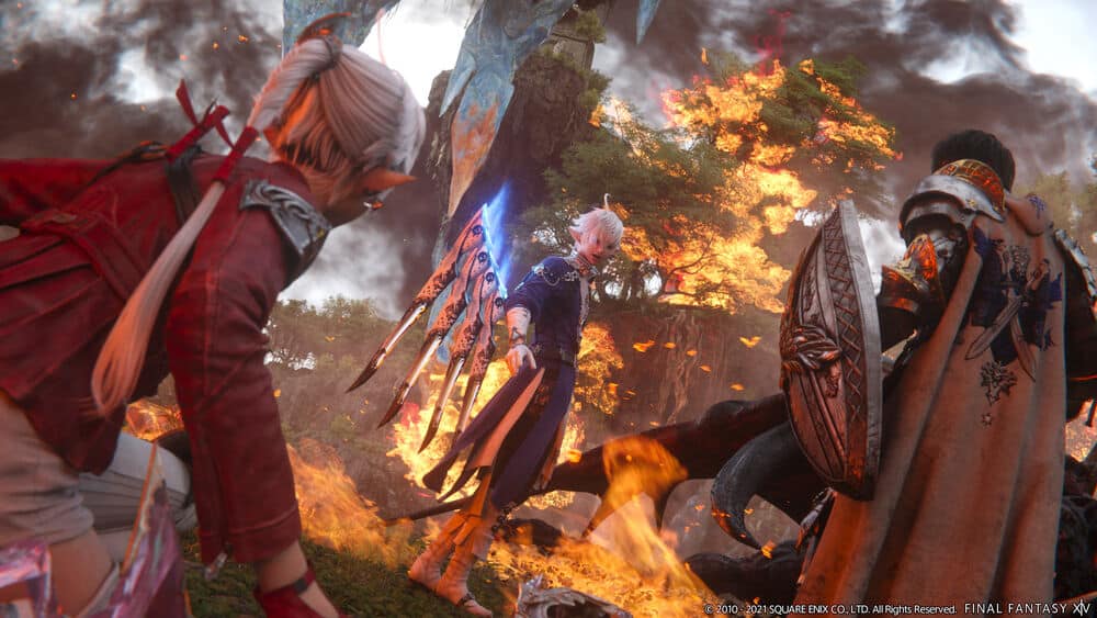 FFXIV Alphinaud and his sister stand beside warrior of light in a fiery battle