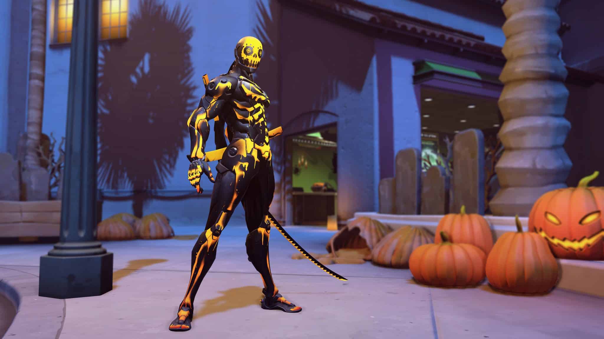 Overwatch Halloween genji skin black and yellow skeleton stands in front of pumpkins