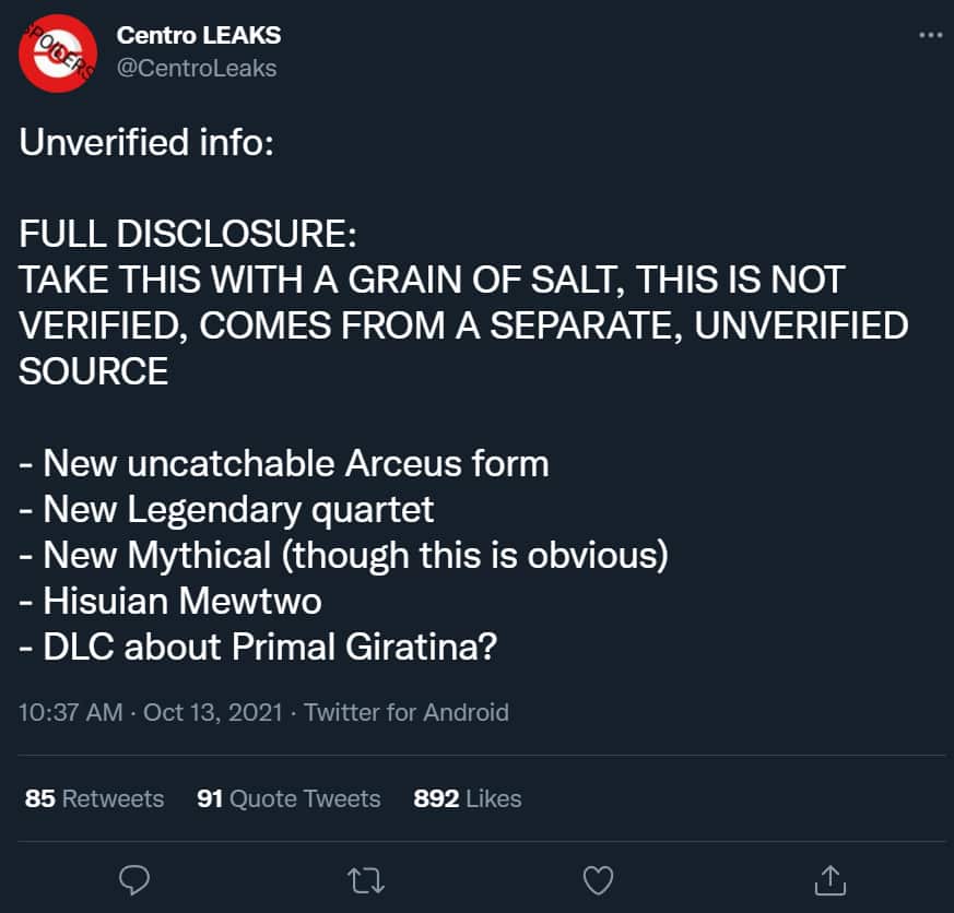 Centro Leaks posted unverified Pokemon Legends Arceus rumor twet