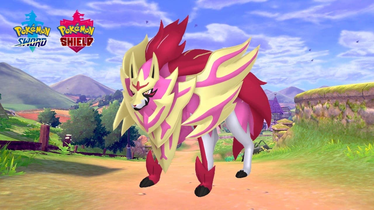 A screenshot of Zamazenta from Pokemon Sword & Shield on a background of Galar