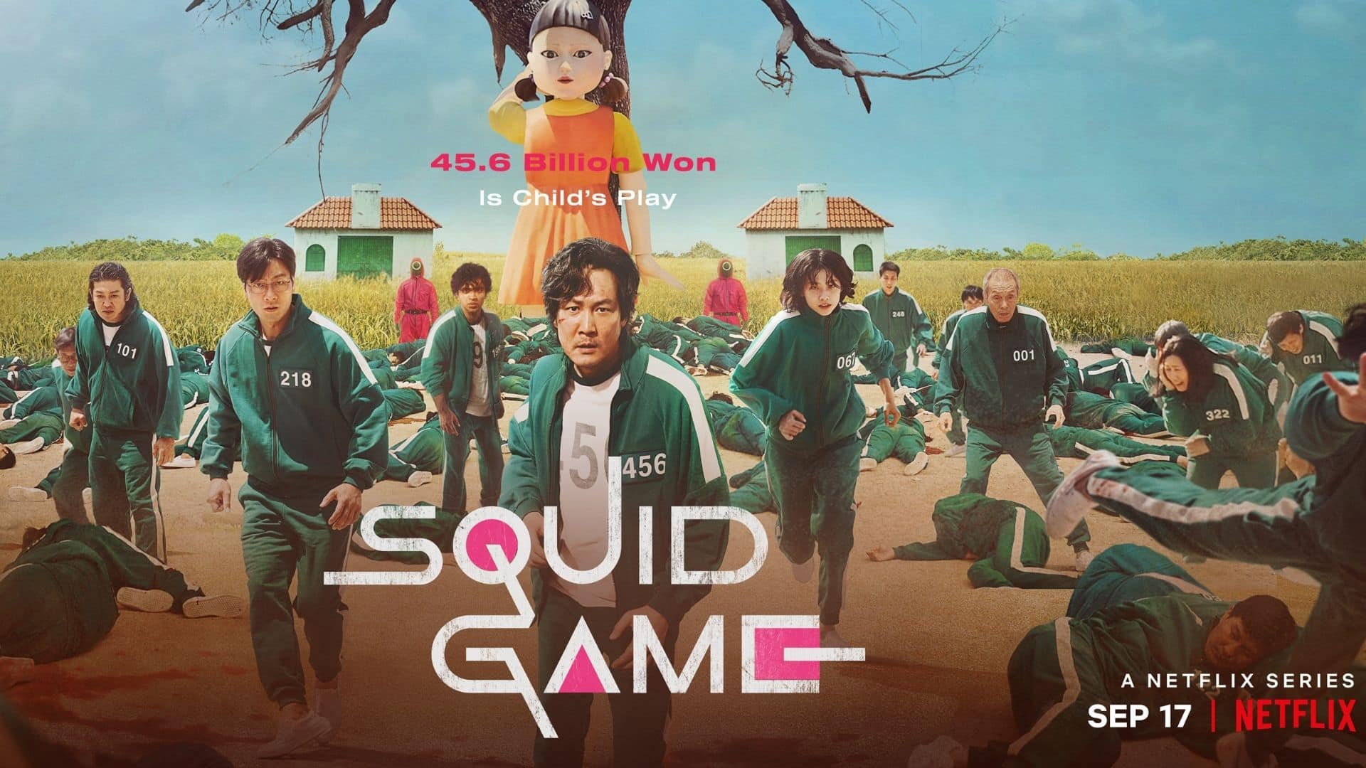 Squid Game netflix poster contestants run away from large doll in field