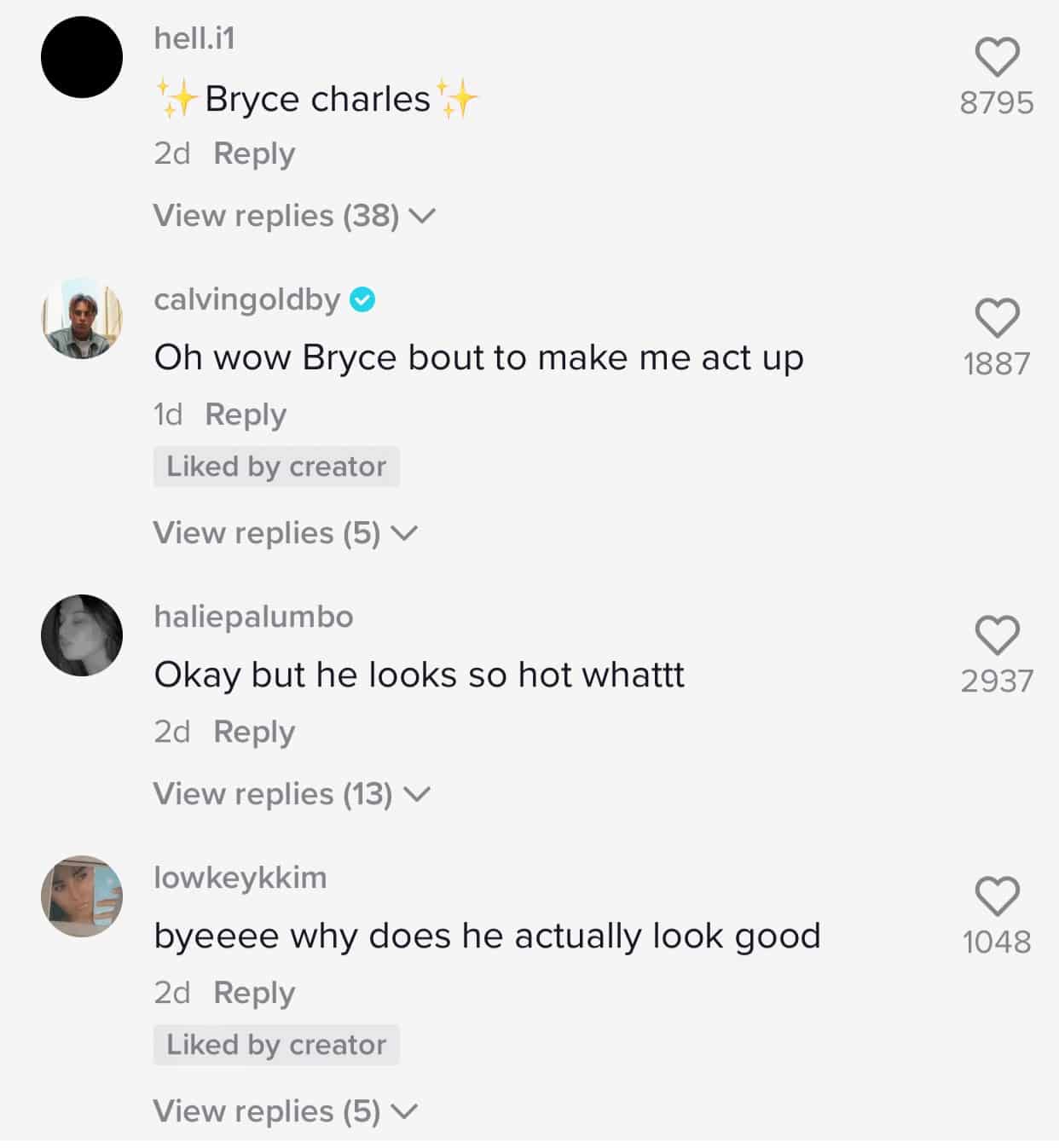 Comments under a Bryce Hall TikTok