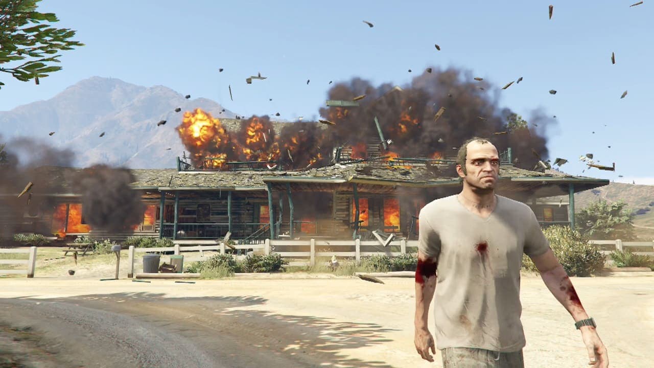 GTA 5 gameplay featuring Trevor walking away from a building