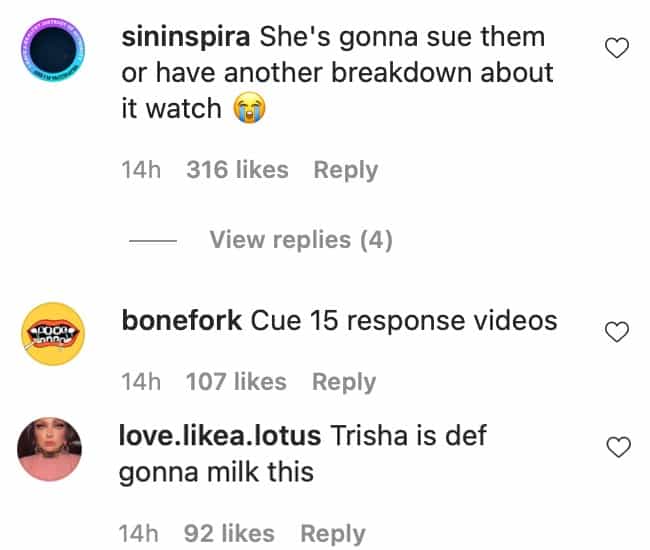 Comments on an Instagram post about Trisha Paytas